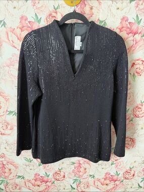 EUC St John EVENING Black Sequin Long Sleeve Santana Knit Blouse Top size 12